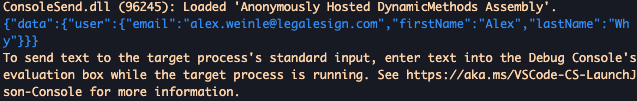 Sample execution in the debug console